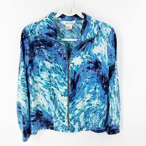 ✅ EXCLUSIVELY MISOOK Navy White Swirl Paillette Zip Stretch Knit Jacket‎ Small